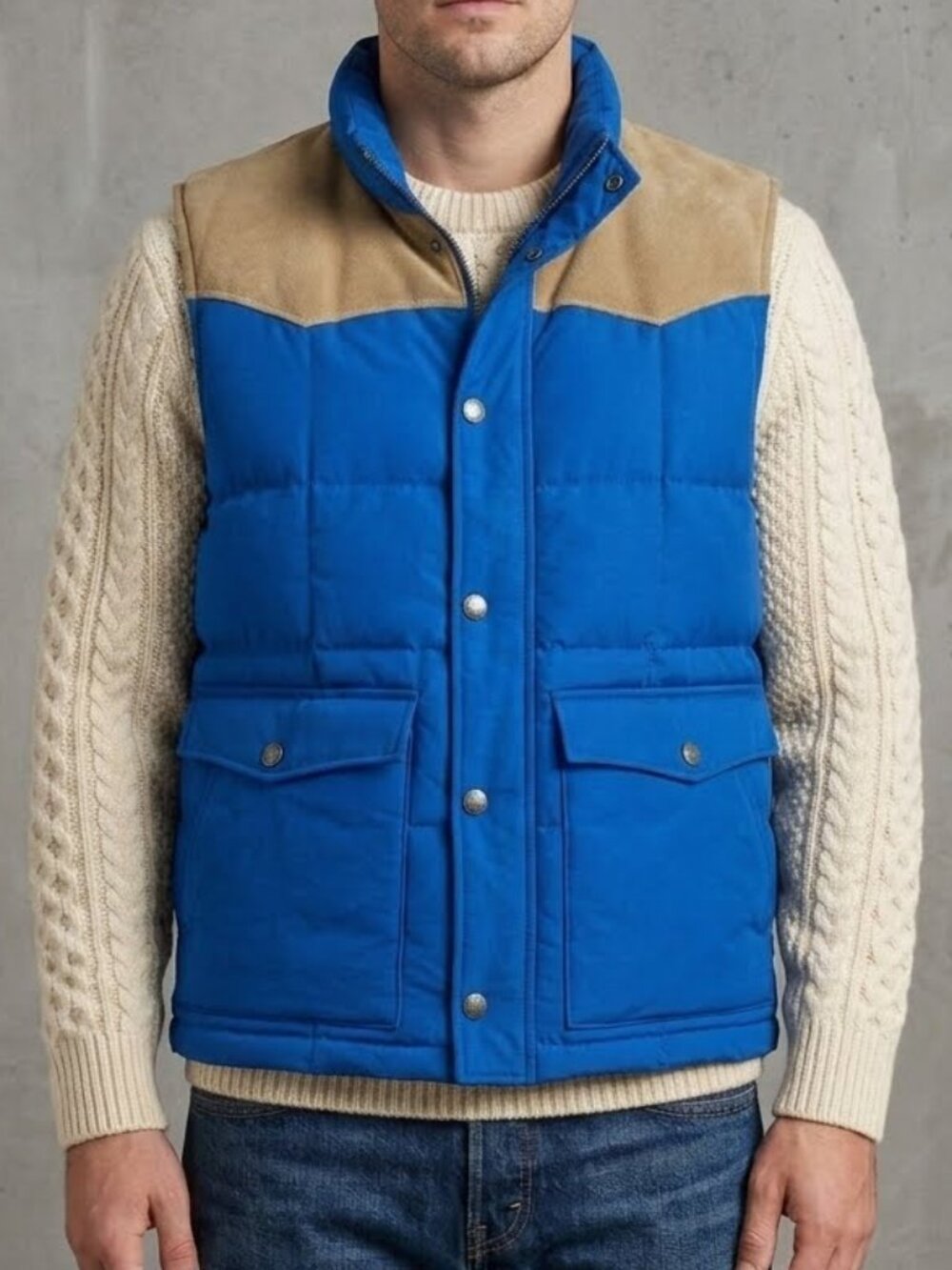 Levi’s Western Down Puffer Vest Jacket Faux Suede Leather Yoke Blue Tan Men's M
